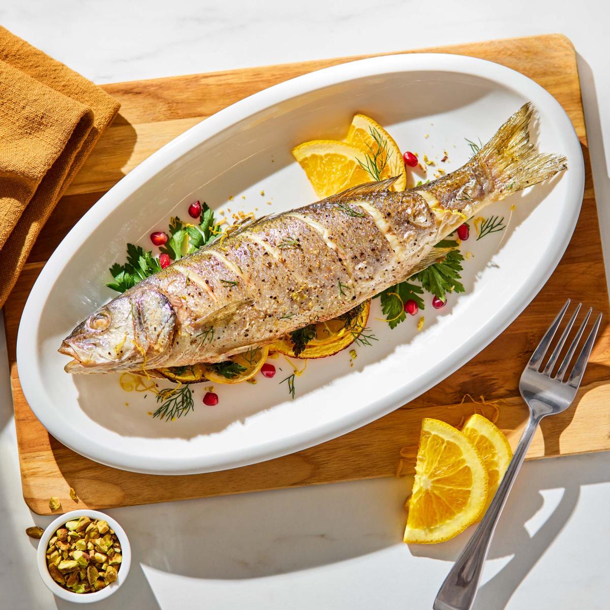 Citrus & Pistachio Holiday Whole Branzino fish