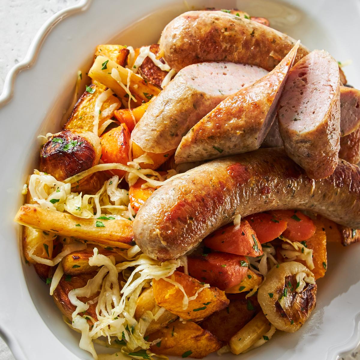 Bratwurst with Roasted Root Vegetables & Sauerkraut