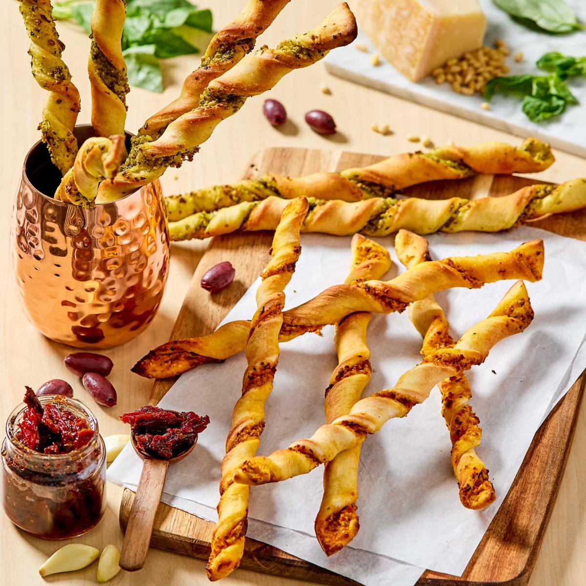 Pesto and Olive & Sun-Dried Tomato Breadsticks