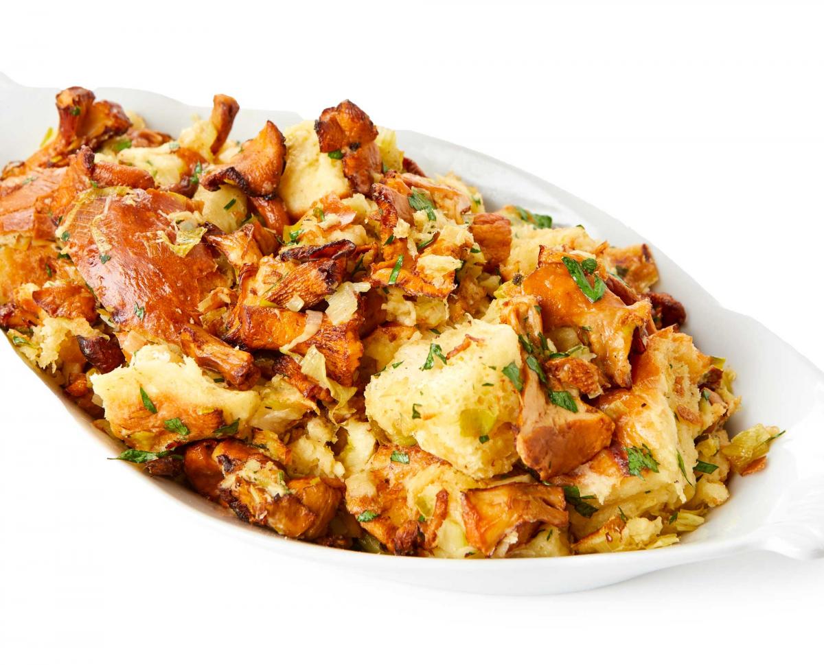 brioche chanterelle bread pudding in a casserole dish