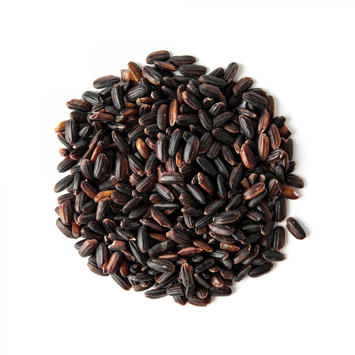 Small pile of uncooked black pearl rice grains