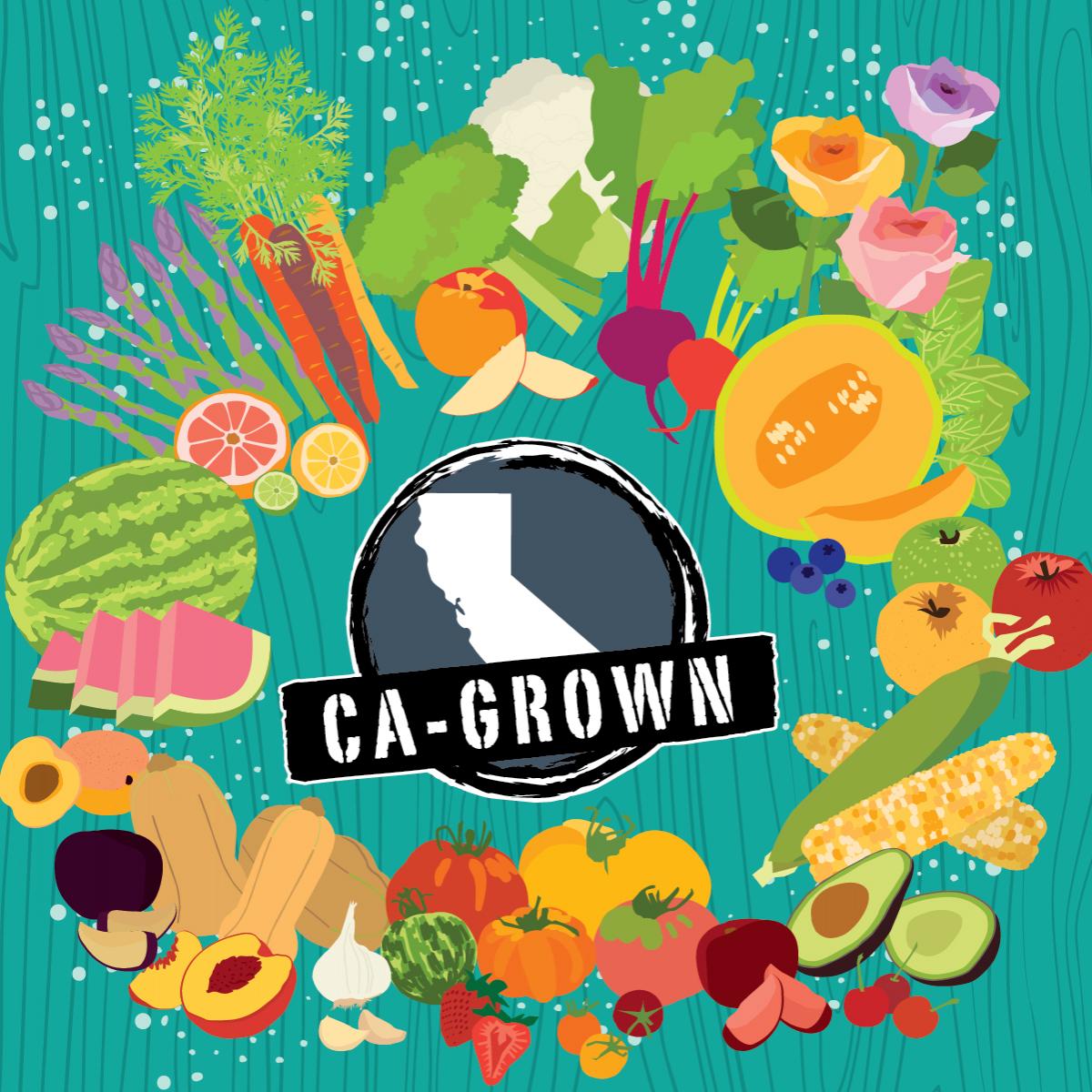 illustration of CA-Grown icon surrounded by fruits, vegetables and flowers