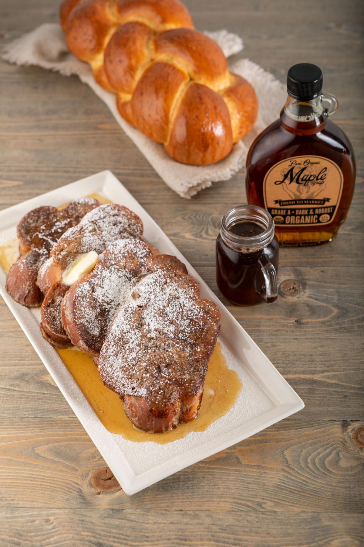 challah French toast with maple bourbon syrup