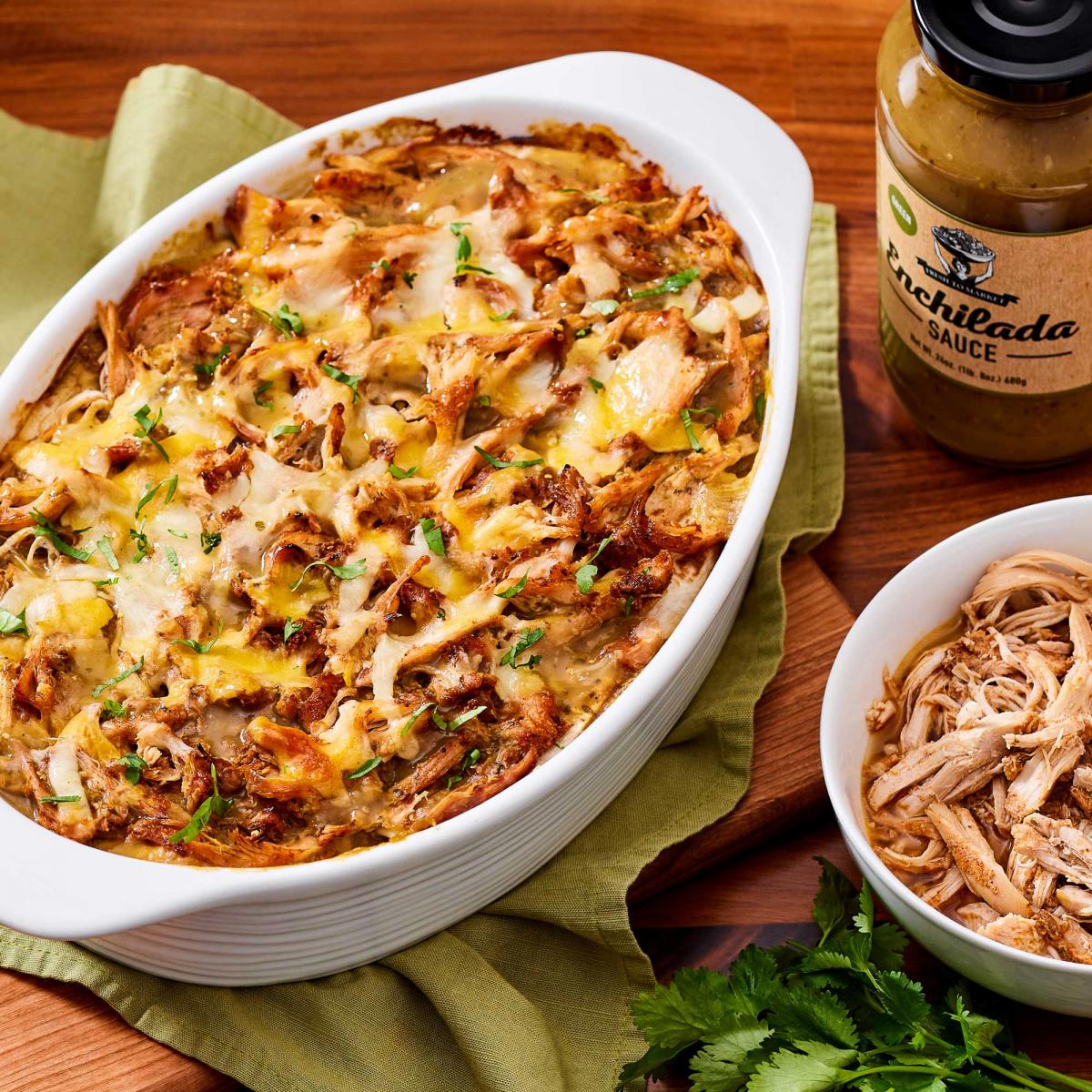 Chicken Enchilada Casserole with fresh to market green enchilada sauce