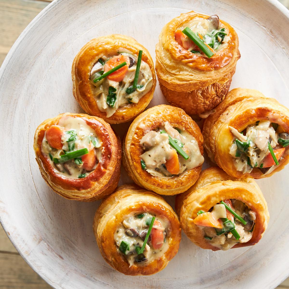 7 chicken and mushroom vol-au-vent on a plate (like mini open pot pies)