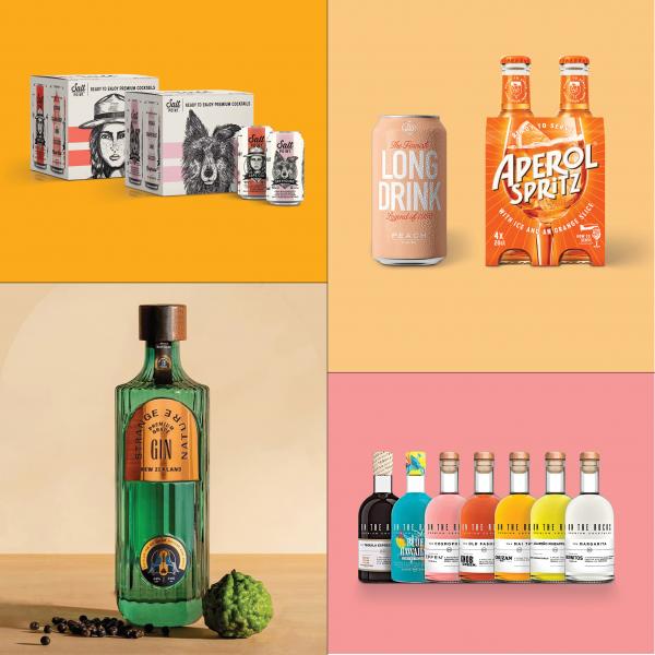 Grid of four photos featuring Salt Point Canned Cocktails, Long Drink and Aperol Spritz, Strange Nature Gin, and On the Rocks Cocktails
