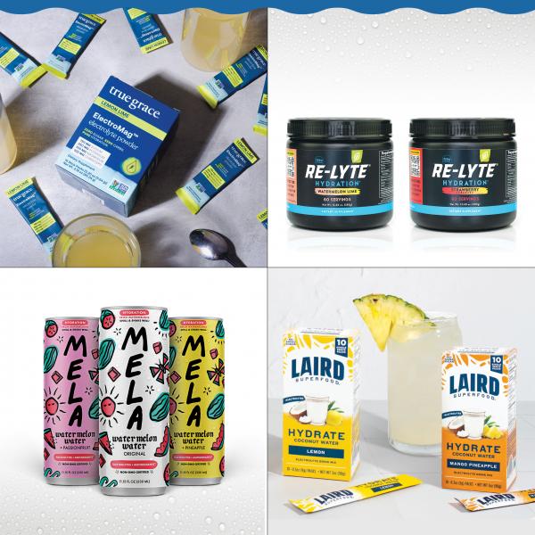 Grid of four photos featuring True Grace ElectroMag packets, Re-Lyte Hydration powders, Mela Watermelon Water, and Laird Hydrate packets