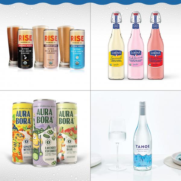 Grid of four photos featuring Tahoe Water, Lorina Lemonade, Aura Bora, and Rise Cold Brew Coffee cans