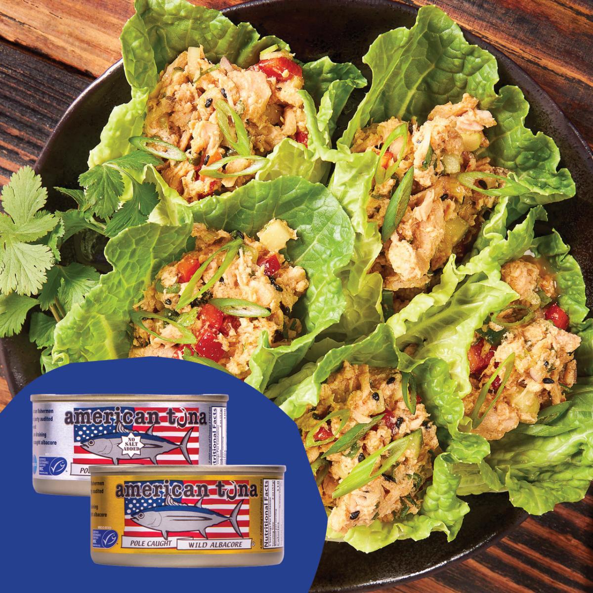 Two cans of American Tuna overlaid on photo of Thai tuna salad wraps