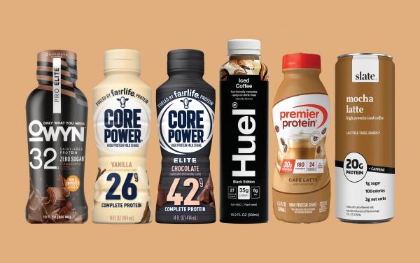 Line-up of the following protein drinks: OWYN, fairlife Core Power, fairlife Core Power Elite, Huel, Premier Protein, and Slate Mocha Latte