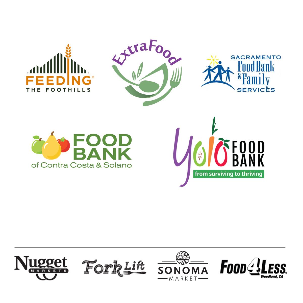 Logos for Feeding the Foothills, ExtraFood, Sacramento Food Bank & Family Services, Food Bank of Contra Costa & Solano, Yolo Food Bank, Nugget Markets, Fork Lift, Sonoma Market, and Food 4 Less Woodland