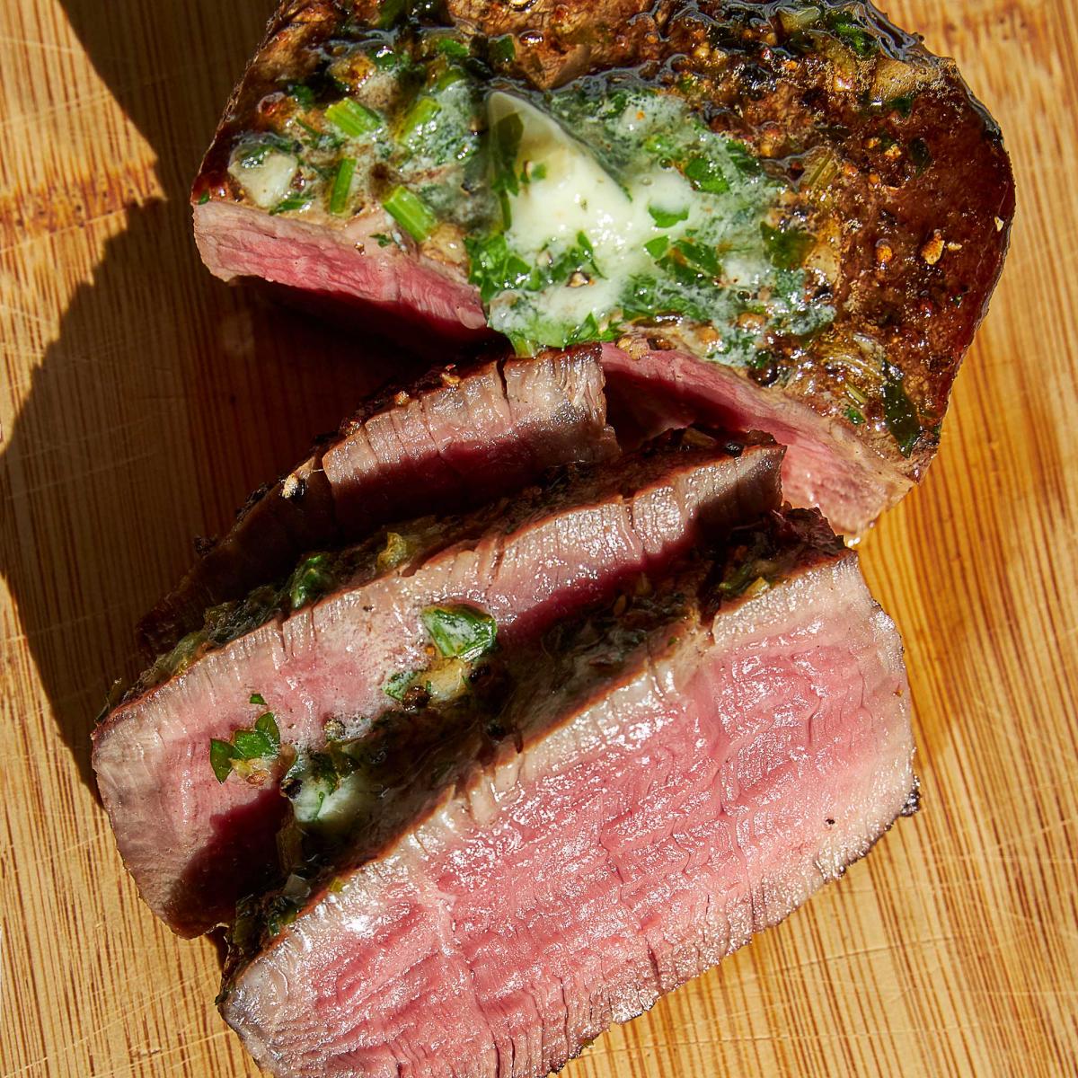 fresh to market grass-fed beef filet mignon sliced