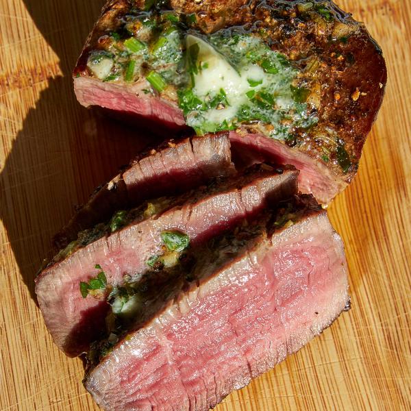 fresh to market grass-fed beef filet mignon sliced