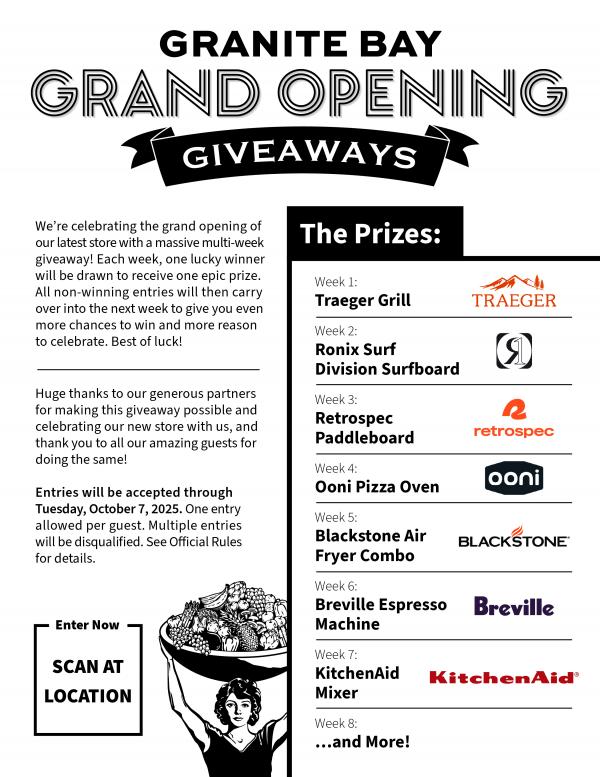 Grand Opening Giveaways Poster with list of prizes and instructions to scan at location to enter