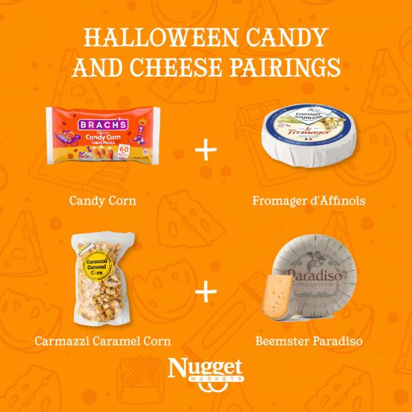 Packages of candy corn, brie, caramel corn, and cheese wheel with Nugget Market logo and text: Halloween Candy and Cheese Pairings, Candy Corn + Fromager d'Affinois, Carmazzi Caramel Corn + Beemster Paradiso