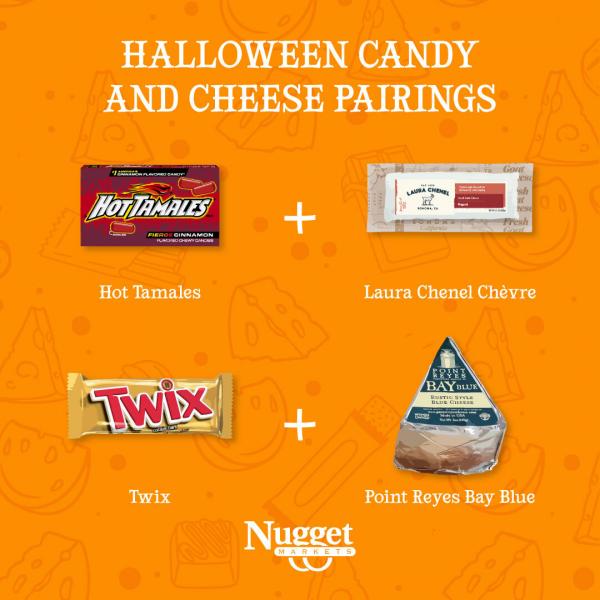Packages of candy and cheese with Nugget Market logo and text: Halloween Candy and Cheese Pairings, Hot Tamales + Laura Chenel Chevre, Twix + Point Reyes Bay Blue