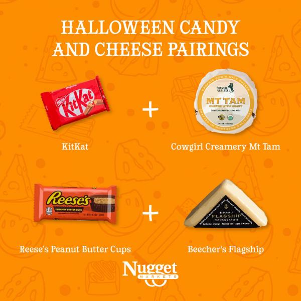 Packages of candy and cheese with Nugget Market logo and text: Halloween Candy and Cheese Pairings, KitKat + Cowgirl Creamery Mt Tam, Reese's Peanut Butter Cups + Beecher's Flagship