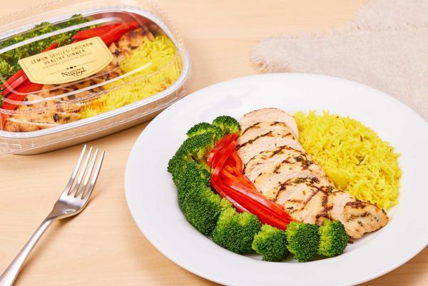 Lemon Grilled Chicken Healthy Dinner in package and plated