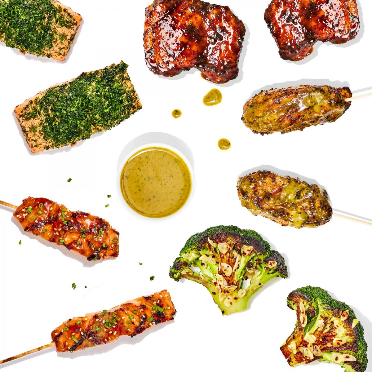 kitchen no-work wonders - chicken thighs and satay with sauce, caramelized broccoli, herbed salmon