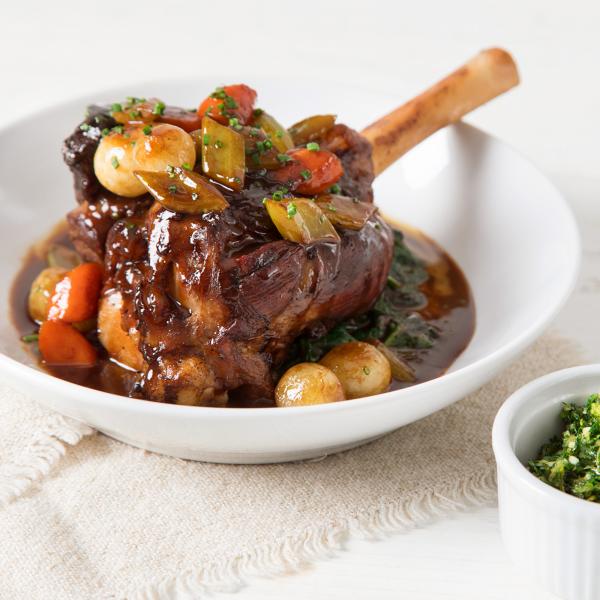Braised Lamb Shank with Sautéed Spinach & Gremolata