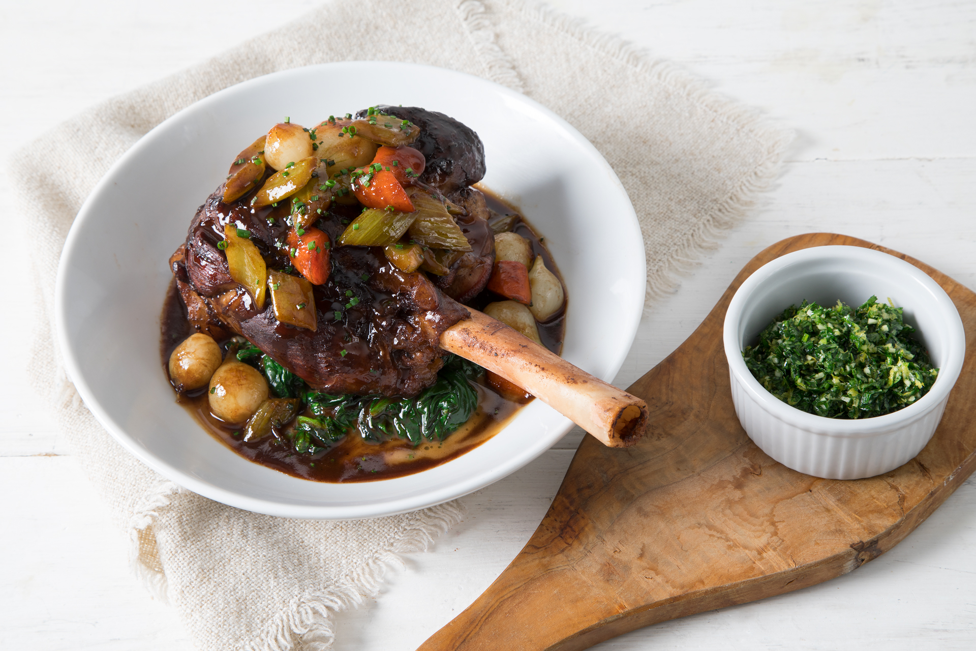Braised Lamb Shank with Saut&eacute;ed Spinach & Gremolata