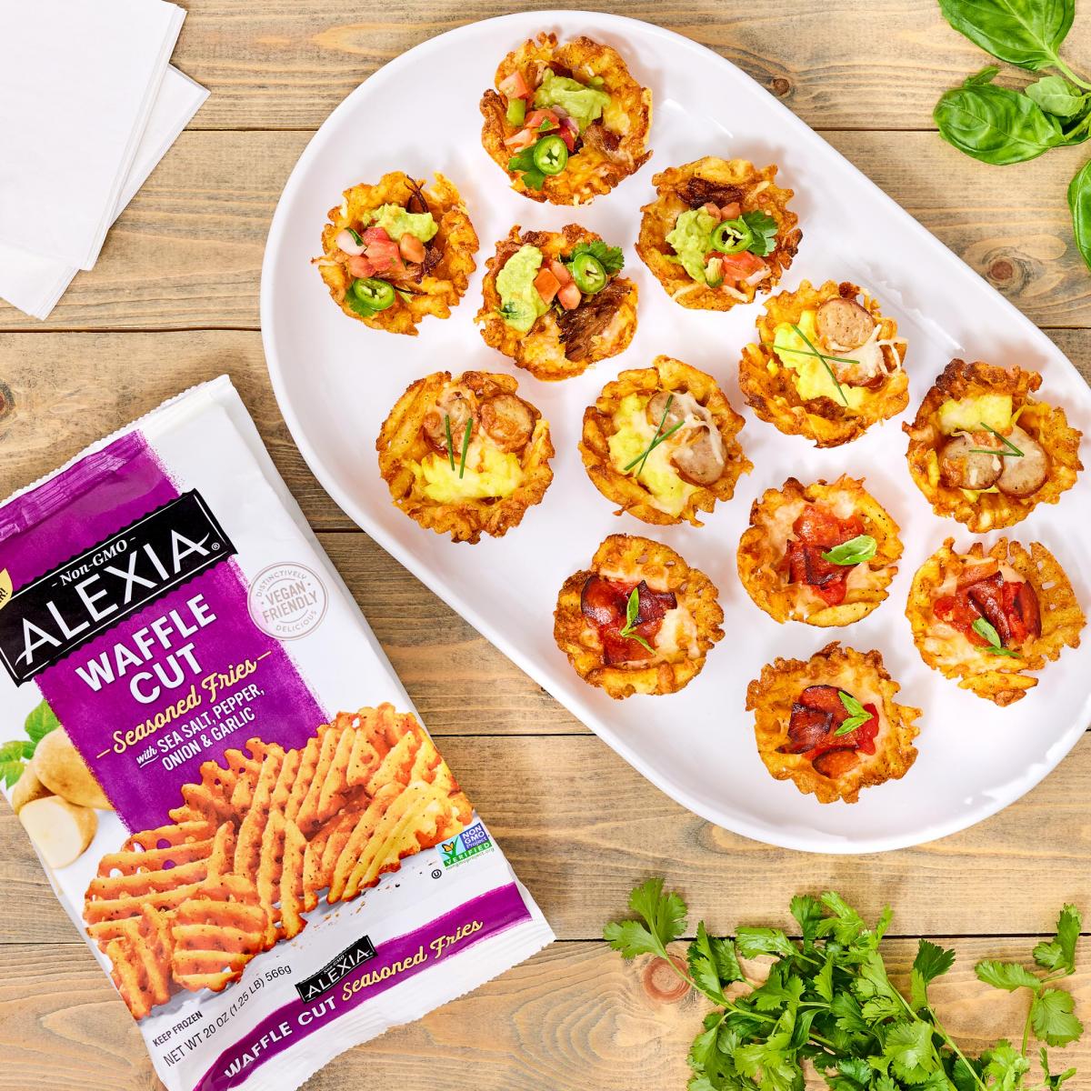 Loaded Waffle Skins with Alexia waffle fries packaging on the side