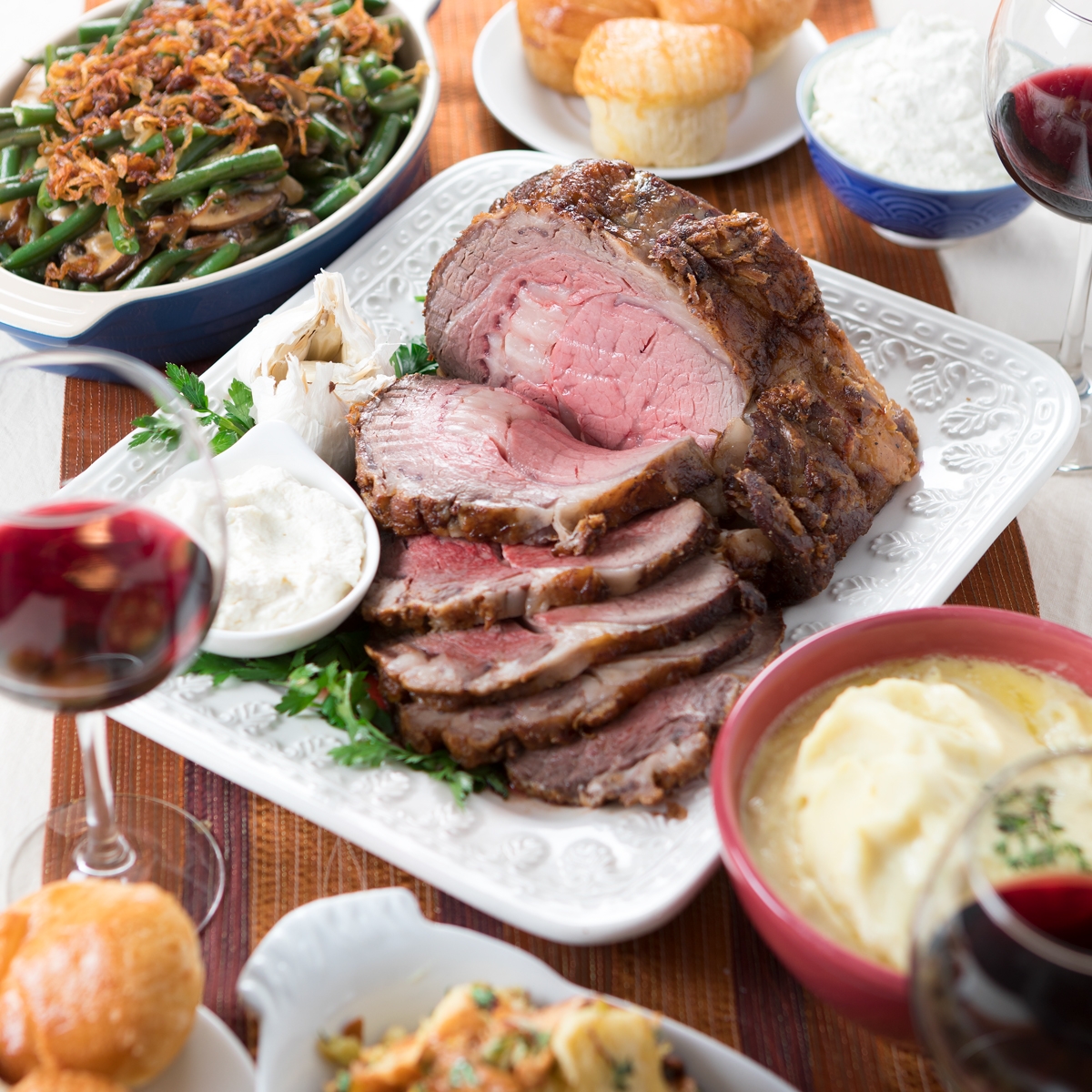complete holiday meal arranged on a table