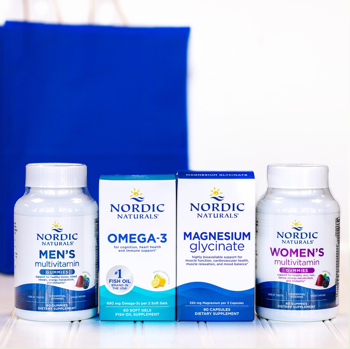 nordic naturals men's multivitamins, omega-3, magnesium glycinate, and women's multivitamins