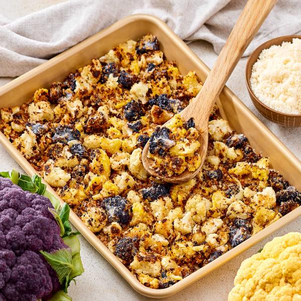Roasted Tri-Color Breadcrumb Cauliflower with Parmesan