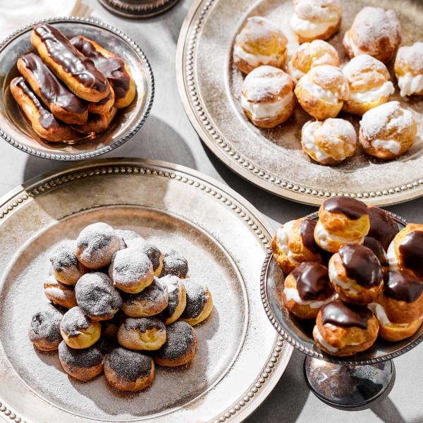 Pate a Choux pastries group image of eclairs, cream puffs, and porfiteroles