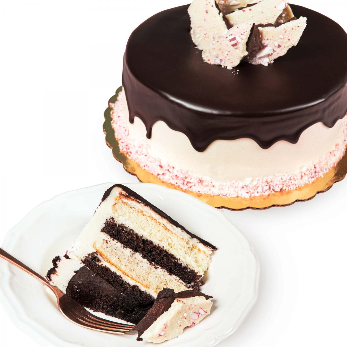 whole peppermint torte with slice