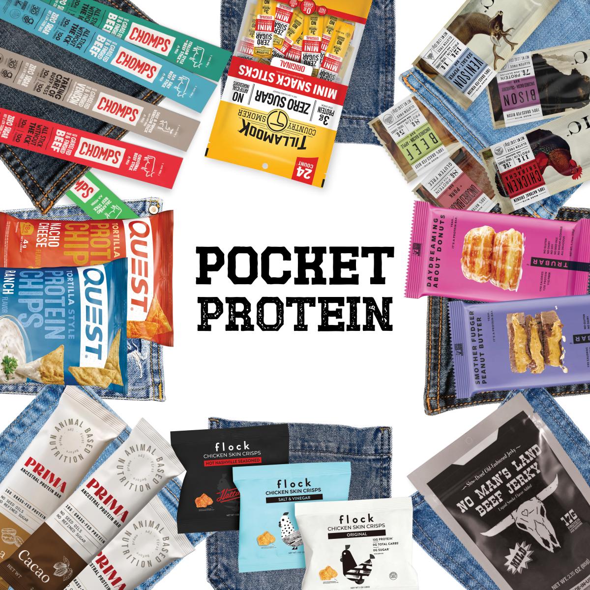 Different brands of snacks (Tillamook Jerky, Chomps, EPIC, Quest, Prima Ancestral, Flock, No Man's Land, and TRUBAR) on top of denim pockets with text: Pocket Protein