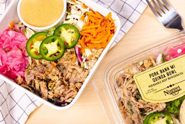 Pork Banh Mi Quinoa Bowl plated and in clear package