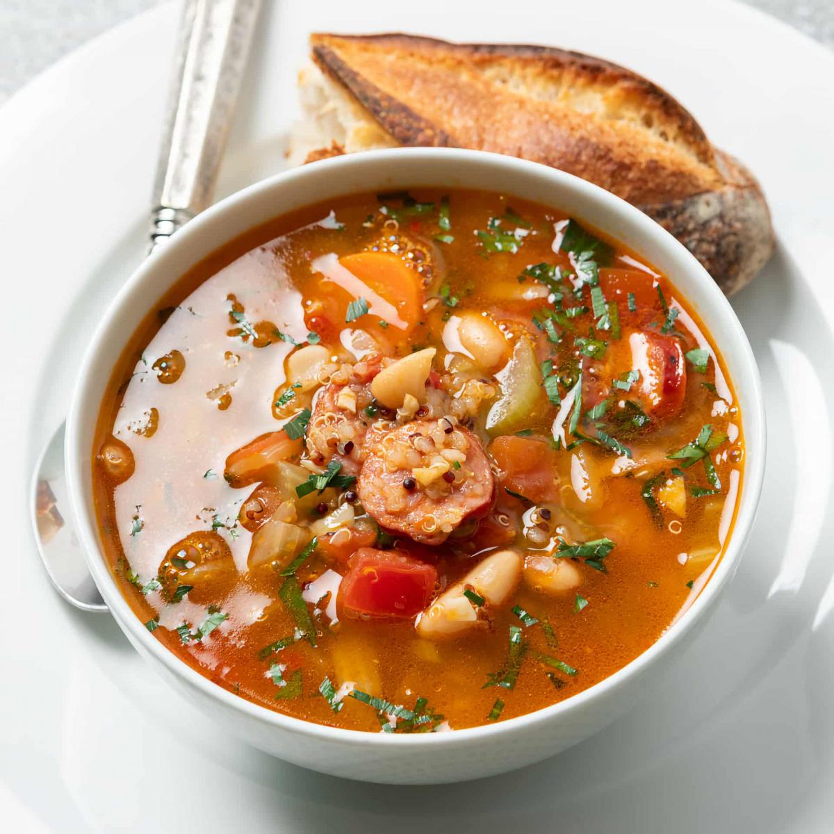 Top down view of a bowl of bean soup with sausage with a baguette slice