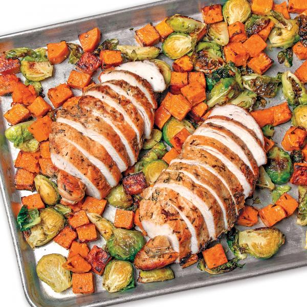 Roasted Marinated Chicken Breast with Brussels Sprouts and Butternut Squash Sq.