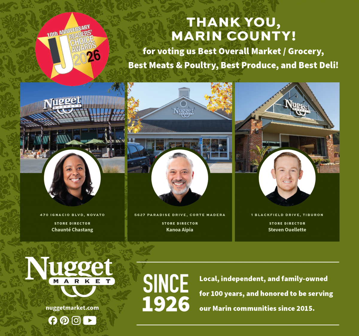 Marin IJ Readers' Choice Awards ad with 3 Nugget Markets and store directors, and text: Thank you, Marin County! for voting us Best Overall Market/Grocery, Best Meats & Poultry, Best Produce, and Best Deli!