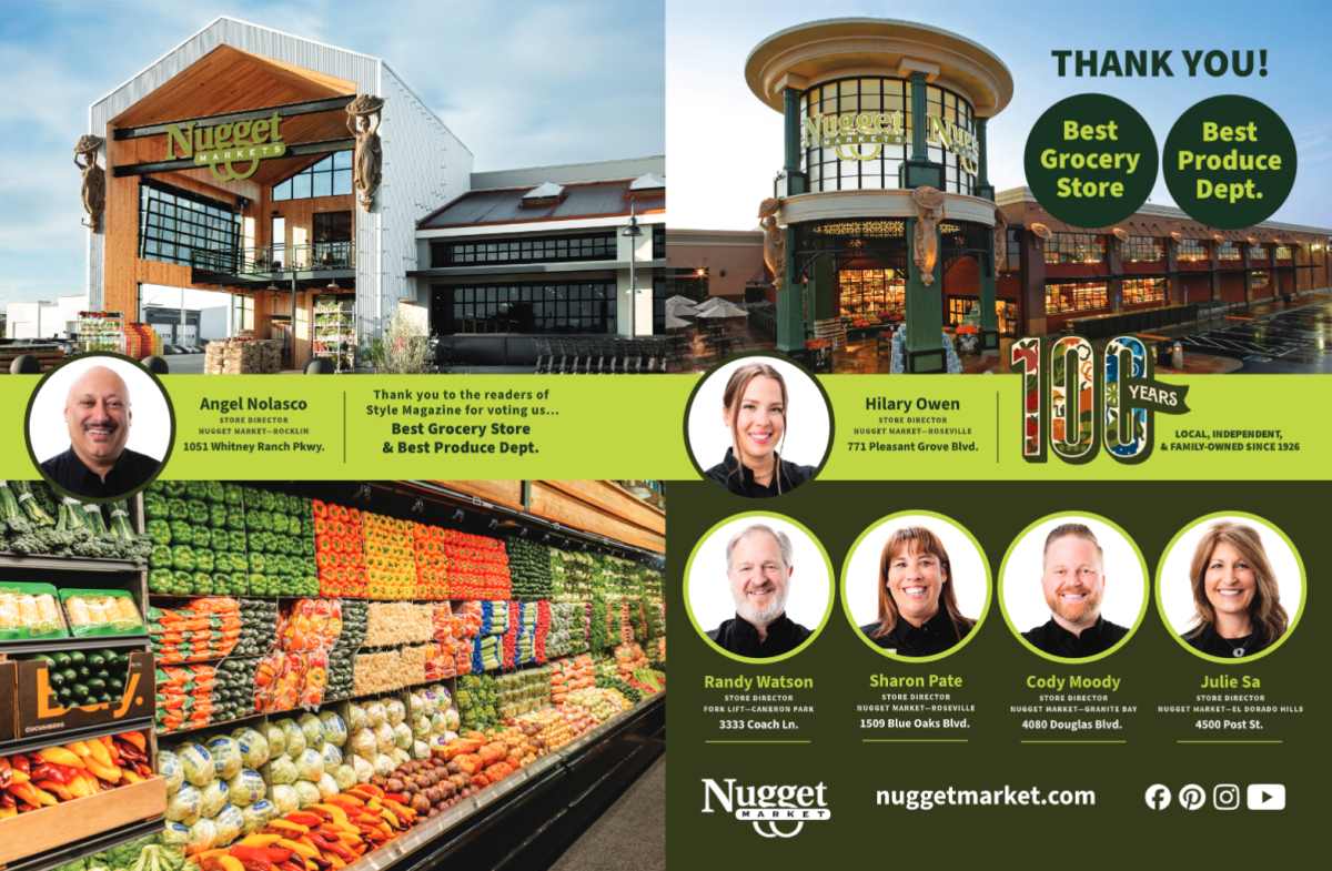 Ad with photos of two Nugget Markets locations and a produce department, plus six store directors, Nugget Markets logo and store addresses, and text: Thank you! Best Grocery Store, Best Produce Dept.