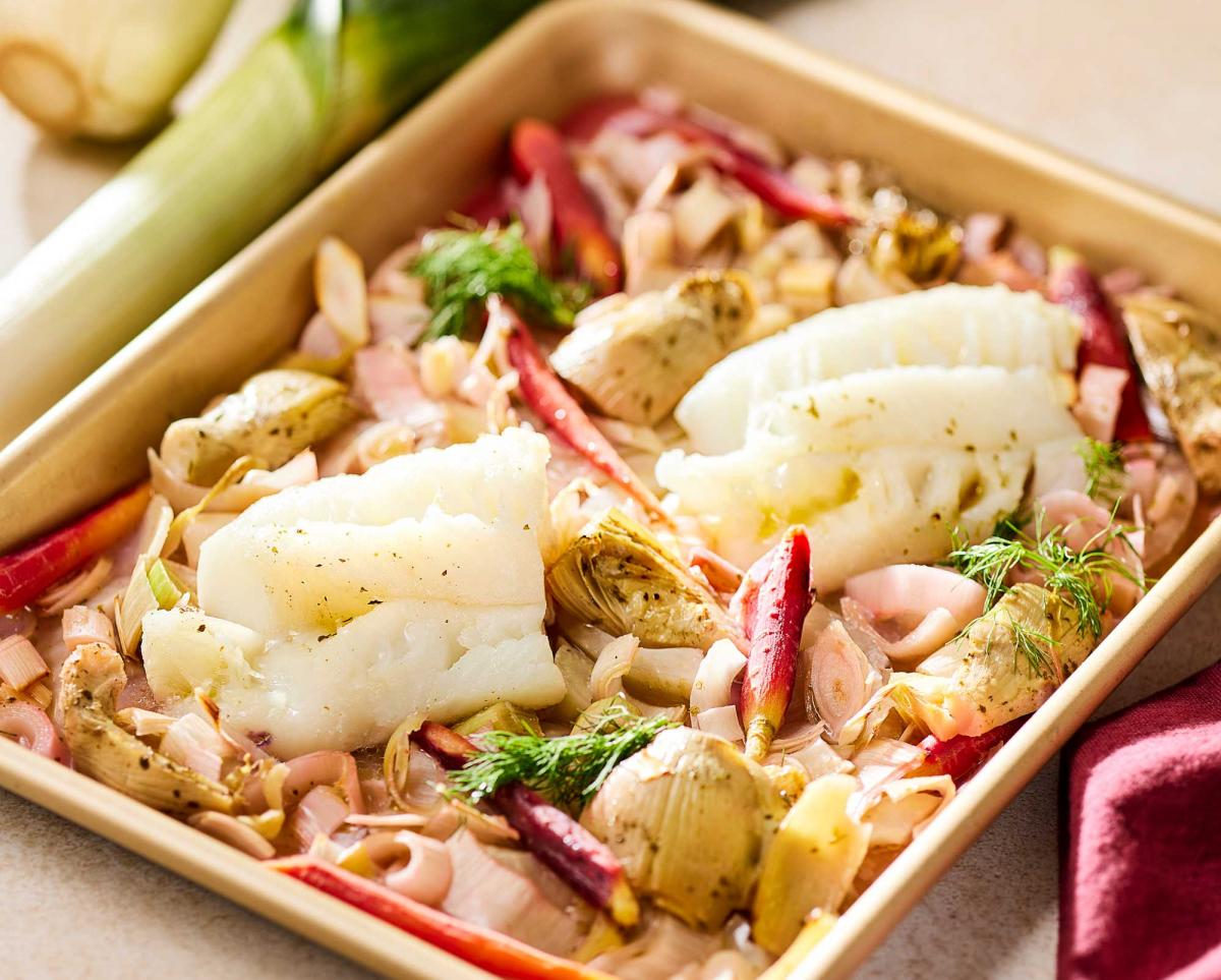 Sheet Pan Cod with Braised Fennel, Leaks & Artichokes