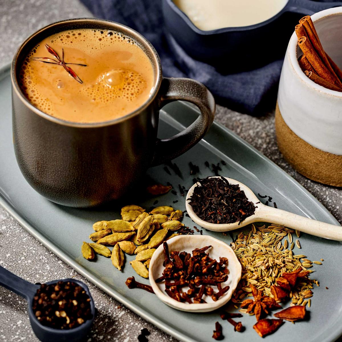 Spiced Chai tea with small piles of beaitful raw spices, seeds and cinnamon sticks