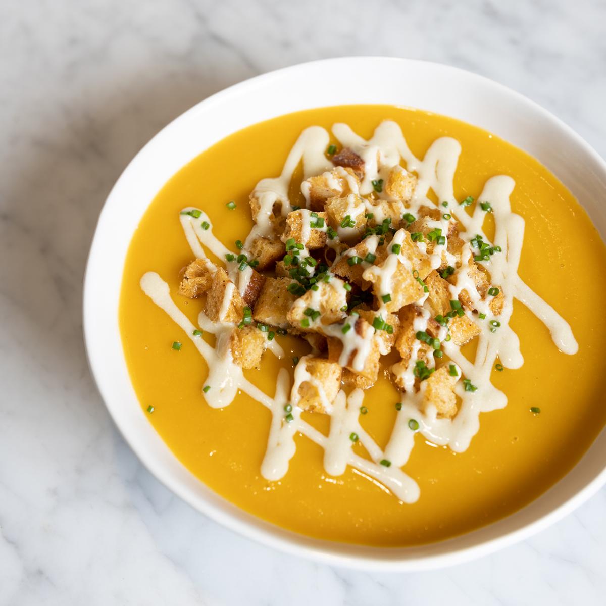 Vegan Butternut Squash & Sweet Potato Soup with Cashew Cream