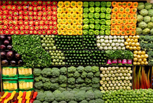 Produce Department wet line display of fresh vegetables on the wall