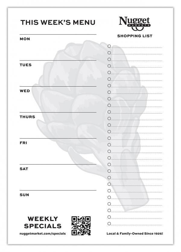 Weekly meal planner shopping list with Nugget Market logo, QR code, and text: This Week's Menu; Mon, Tues, Wed, Thurs, Fri, Sat, Sun; Shopping List; Weekly Specials nuggetmarket.com/specials; Local & Family-Owned Since 1926!