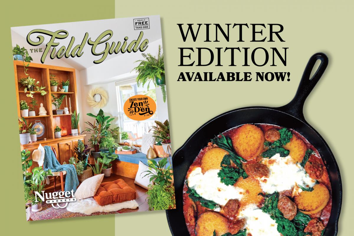 field guide zen den cover with skillet meal and text: winter edition available now!