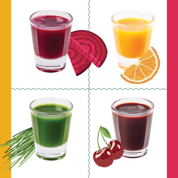 four coffee bar wellness shots with produce illustrations