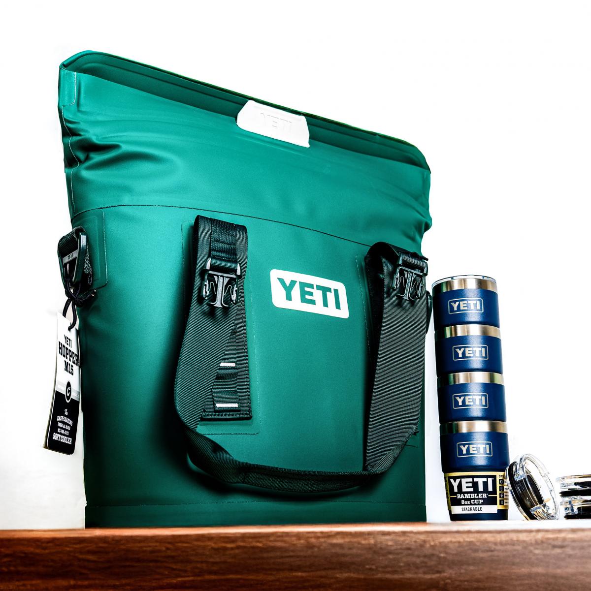 YETI Hopper M15 Portable Soft Cooler and four 8-ounce YETI Rambler Stainless Steel Stackable Cups